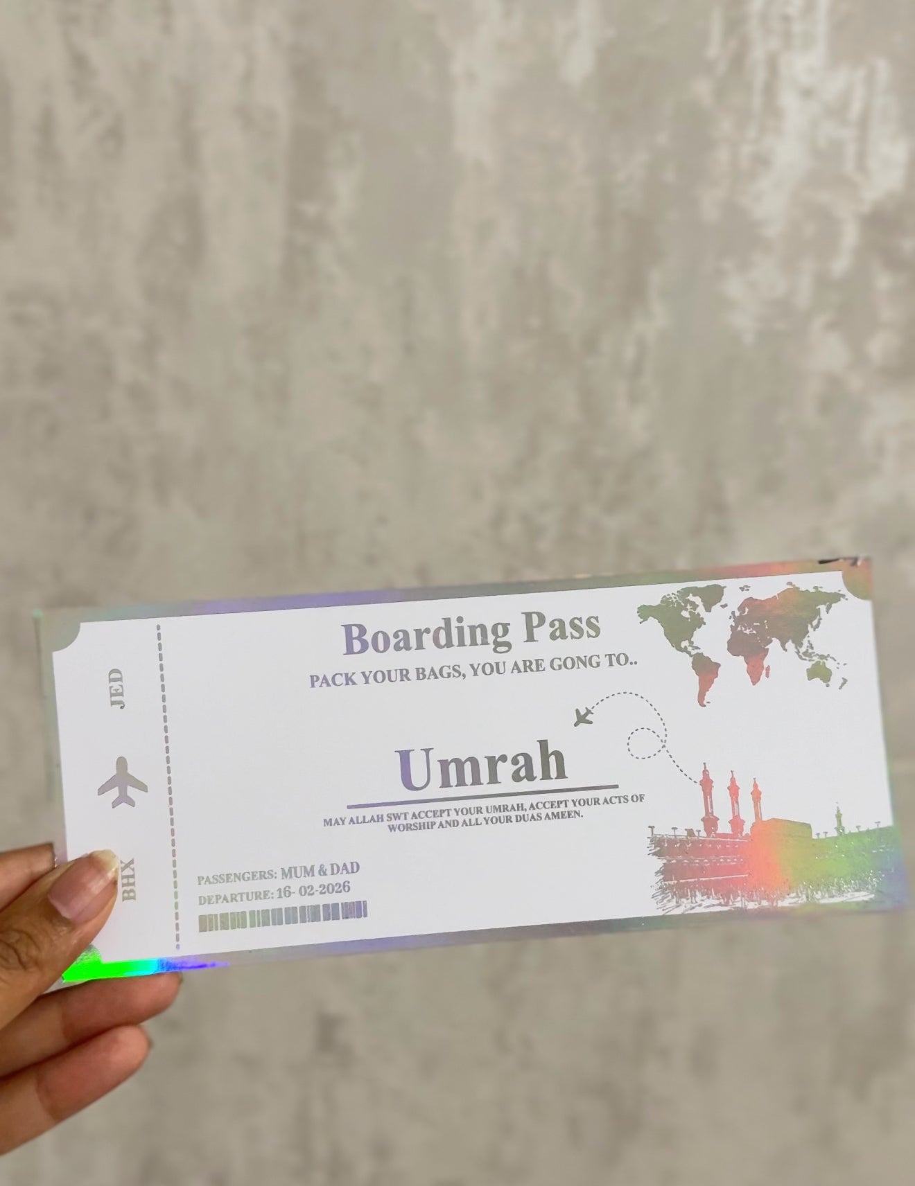 Umrah and Hajj Mubarak foil ticket Islamic gift
Umrah announcement keepsake ticket UK