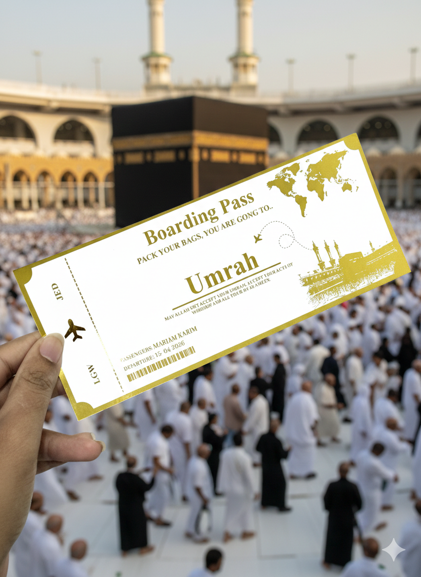 Umrah & Hajj Mubarak Foil Ticket – Islamic Pilgrimage Announcement Gift