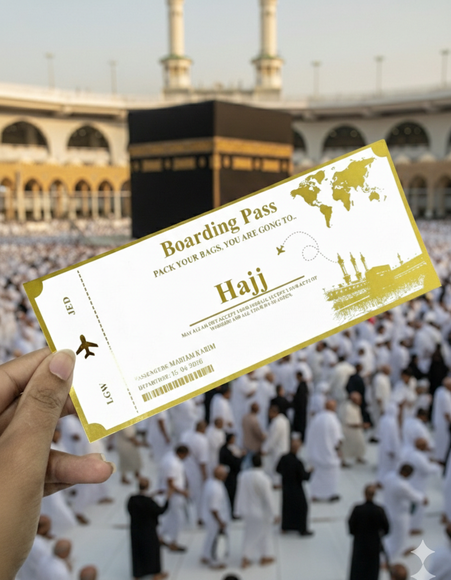 Umrah & Hajj Mubarak Foil Ticket – Islamic Pilgrimage Announcement Gift